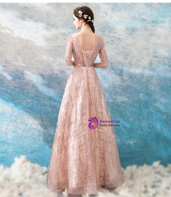 In Stock:Ship in 48 hours Pink Half Sleeve Backless Prom Dress