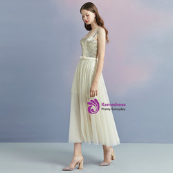In Stock:Ship in 48 hours Tulle Gold Sequins Tea Length Prom Dress In Stock:Ship in 48 hours Tulle Gold Sequins Tea Length Prom Dress