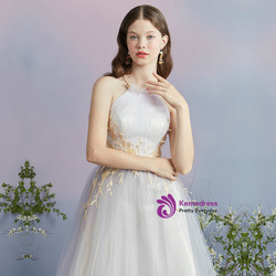 In Stock:Ship in 48 hours Gray Halter Tulle Appliques Homecoming Dress