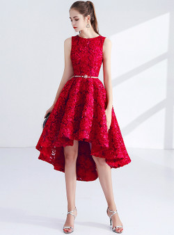 In Stock:Ship in 48 hours Red Hi Lo Lace Homecoming Dress