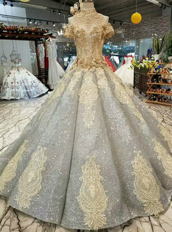Ball Gown Gray Sequins Appliques Off The Shoulder Wedding Dress
