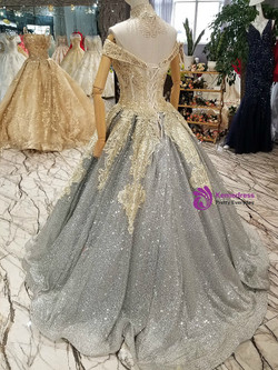 Gray Ball Gown Off The Shoulder Sequins Appliques Wedding Dress