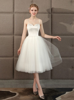 In Stock:Ship in 48 hours White Spaghetti Straps Tea length Wedding Dress