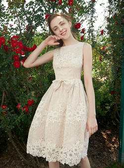 In Stock:Ship in 48 hours Champagne Lace With Bow Short Dress