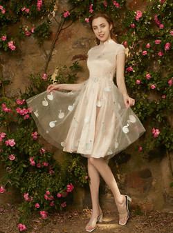 In Stock:Ship in 48 hours Champagne High Neck Embroidery Short Dress