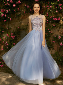 In Stock:Ship in 48 hours Blue Tulle Embroidery Long Bridesmaid Dress