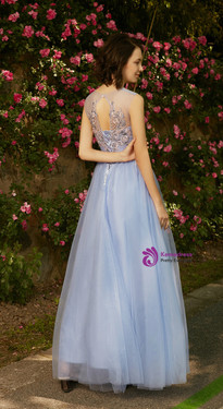 In Stock:Ship in 48 hours Blue Tulle Embroidery Long Bridesmaid Dress