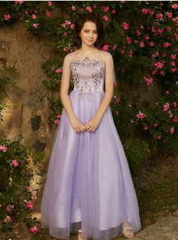 In Stock:Ship in 48 hours Purple Tulle Embroidery Long Bridesmaid Dress