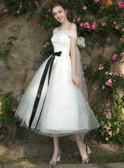 In Stock:Ship in 48 hours White Off The Shoulder Tea Length Bridesmaid Dress