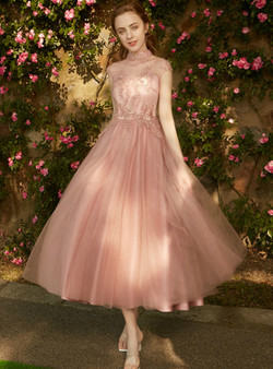 In Stock:Ship in 48 hours High Neck Tulle Tea Length Bridesmaid Dress