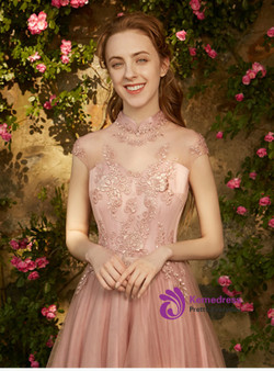 In Stock:Ship in 48 hours High Neck Tulle Tea Length Bridesmaid Dress