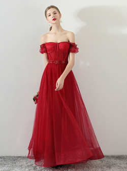In Stock:Ship in 48 hours Burgundy Off The Shoulder Prom Dress