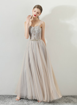 In Stock:Ship in 48 hours Gray Spaghetti Straps Tulle Prom Dress