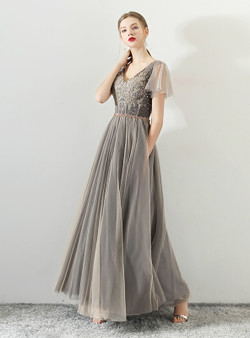 In Stock:Ship in 48 hours Gray V-neck Tulle With Beading Prom Dress