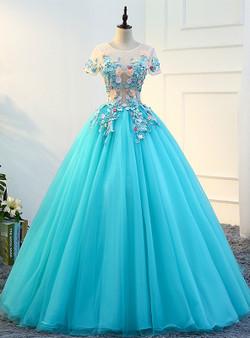 In Stock:Ship in 48 hours Blue Tulle Short Sleeve Quinceanera Dresses