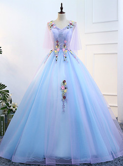 In Stock:Ship in 48 hours Blue V-neck Tulle Floor Length Quinceanera Dresses