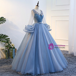In Stock:Ship in 48 hours Blue Long Sleeve Tulle Quinceanera Dresses