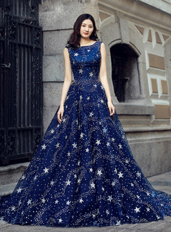 Blue Ball Gown Tulle Sequins Bling Bling Backless Wedding Dress