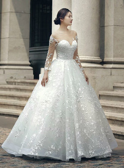 White Ball Gown Long Sleeve Backless Appliques Wedding Dress
