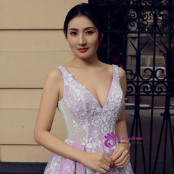 Purple V-neck Backless Tulle Appliques Train Wedding Dress