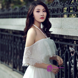 A-line White Tulle Lace Halter Backless Train Wedding Dress
