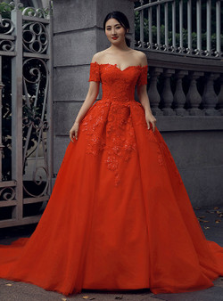 Red Ball Gown Tulle Off The Shoulder Appliques Short Sleeve Wedding Dress
