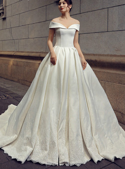 White Ball Gown Satin Off The Shoulder Lace Appliques Wedding Dress