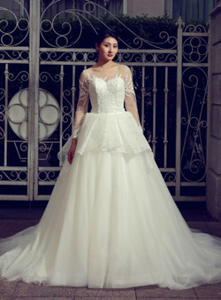 Ball Gown White Tulle Appliques Long Sleeve Sexy Back Wedding Dress