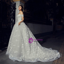 White Ball Gown Tulle Off The Shoulder Long Train Wedding Dress