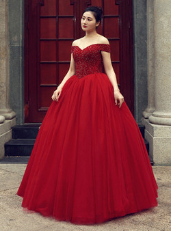 Burgundy Ball Gown Off The Shoulder With Beading Wedding Dress