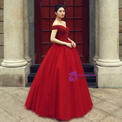 Burgundy Ball Gown Off The Shoulder With Beading Wedding Dress