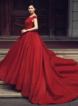 Burgundy Ball Gown Bateau Tulle Backless Appliques Wedding Dress