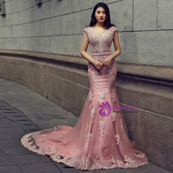 Pink Mermaid V-neck Backless Tulle Appliques Wedding Dress