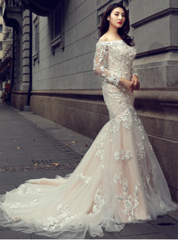 Champagne Mermaid Off The Shoulder Long Sleeve Wedding Dress