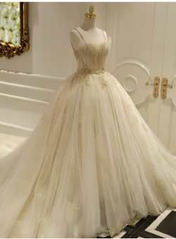 Champagne Ball Gown Tulle Spaghetti Straps Backless Wedding Dress Champagne Ball Gown Tulle Spaghetti Straps Backless Wedding Dress