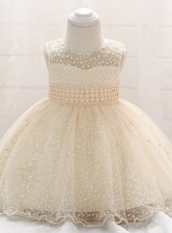 In Stock:Ship in 48 Hours Champagne Lace With Bow Little Girl Dress