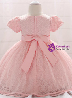 In Stock:Ship in 48 Hours Pink Lace Short Sleeve Little Girl Dress