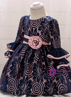 In Stock:Ship in 48 Hours Blue Lace Long Sleeve Little Girl Dress