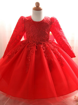 In Stock:Ship in 48 Hours Red Tulle Lac Long Sleeve Litter Girl Dress