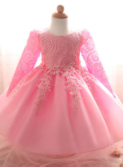 In Stock:Ship in 48 Hours Pink Tulle Lac Long Sleeve Litter Girl Dress