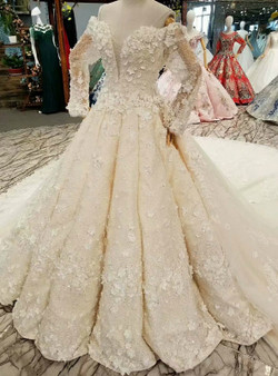 Ball Gown Long Sleeve Off The Shoulder Backless Appliques Wedding Dress