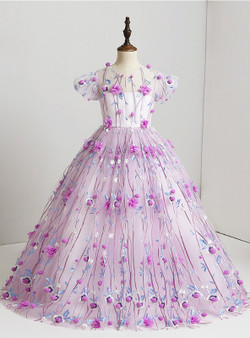 Purple Ball Gown Floor Length Tulle 3D Floral Flower Girl Dress