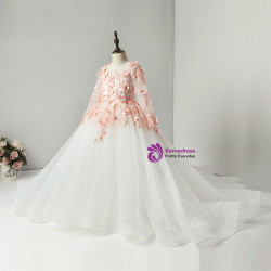 Ball Gown 3D Floral Lace O Neck Bow Appliques Tulle Flower Girl Dress