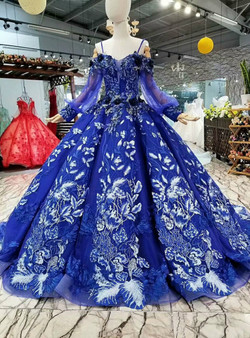 Blue Ball Gown Spaghetti Straps Long Sleeve Backless Wedding Dress