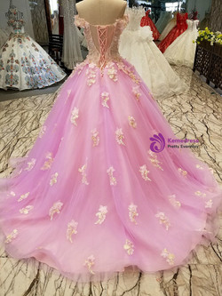 Pink Ball Gown Tulle Appliques Off The Shoulder Wedding Dress