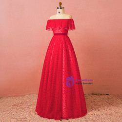 Plus Size Red Tulle Wave Point Off The Shoulder Floor Length Prom Dress