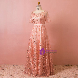 Plus Size Pink Tulle Sequins Short Sleeve Backless Prom Dress