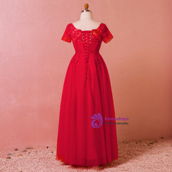 Plus Size Red Tulle Appliques Short Sleeve Floor Length Prom Dress