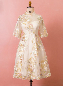 Plus Size Champagne High Neck Tulle Appliques Short Sleeve Prom Dress