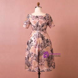 Plus Size Pink Tulle Embroidery Short Sleeve Prom Dress